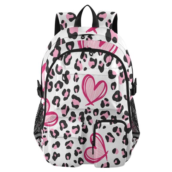 DIXRUYEE Pink Leopard Heart Backpack for School 14”Laptop Compatible with Reflective Safety Strips