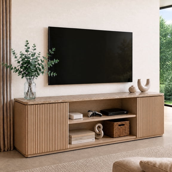 Hvoonc 70" Fluted TV Stands for Living Room with Storage, Faux Marble Top, Modern Wood Television Console for 65-80" TVs, Large Entertainment Center, Natural Oak