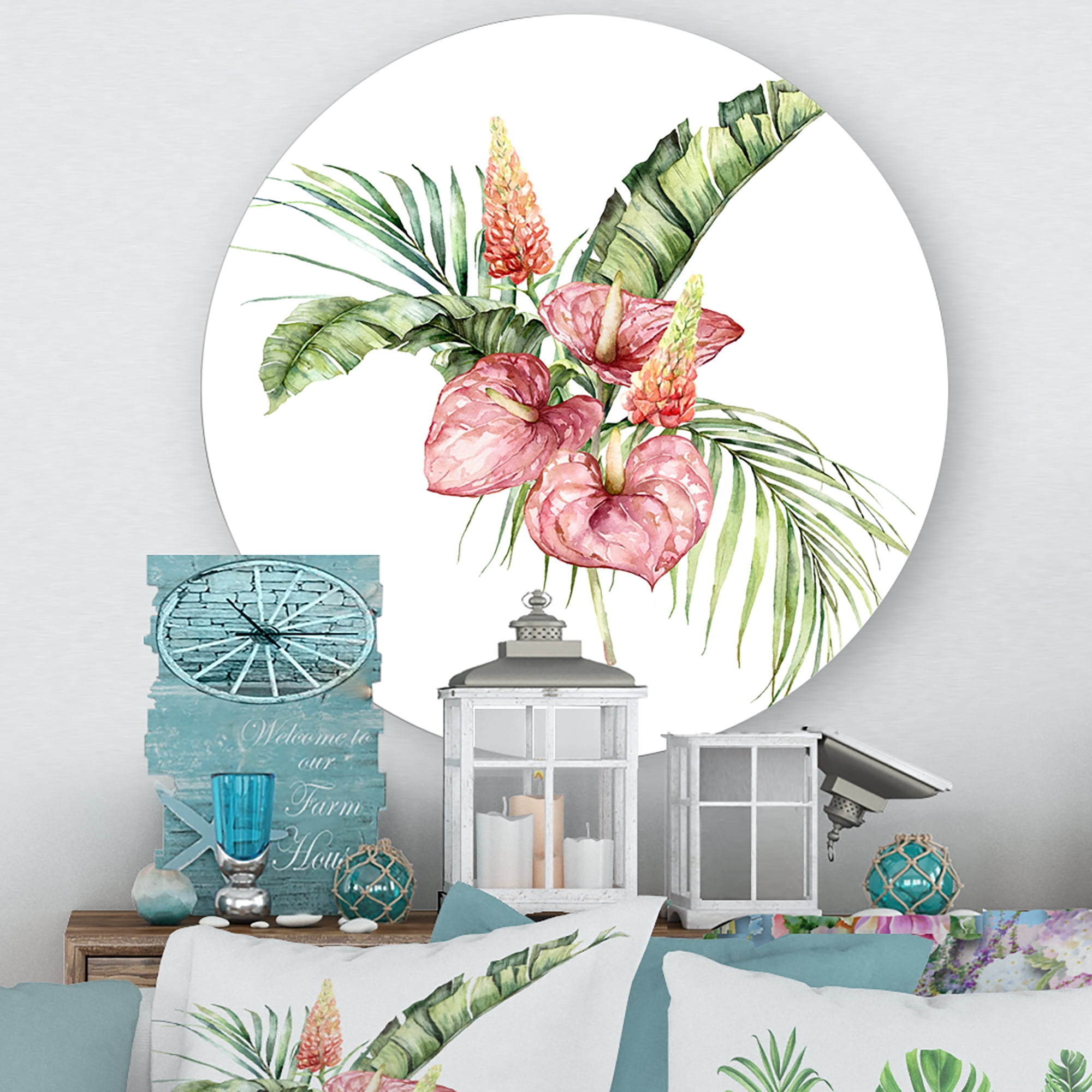 Designart 'Tropical Bouquet With Anthurium Lupine and Leaves On White II' Traditional Circle Metal Wall Art 23x23 - Disc of 23