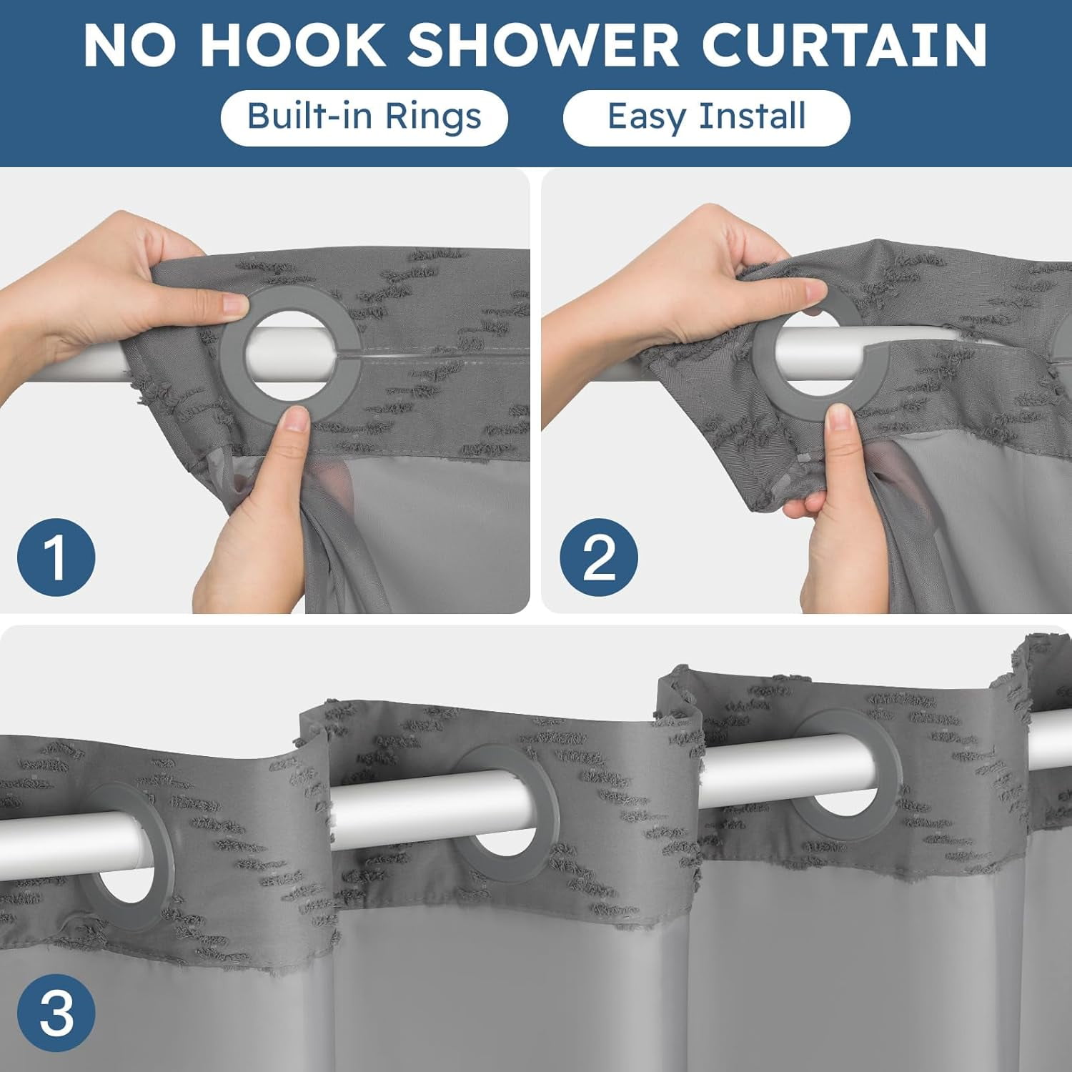HBlife Grey No Hook Fabric Shower Curtain & Liner Set, 71 x 74, Waterproof, Washable, See Through Top Window, 71" x 74"