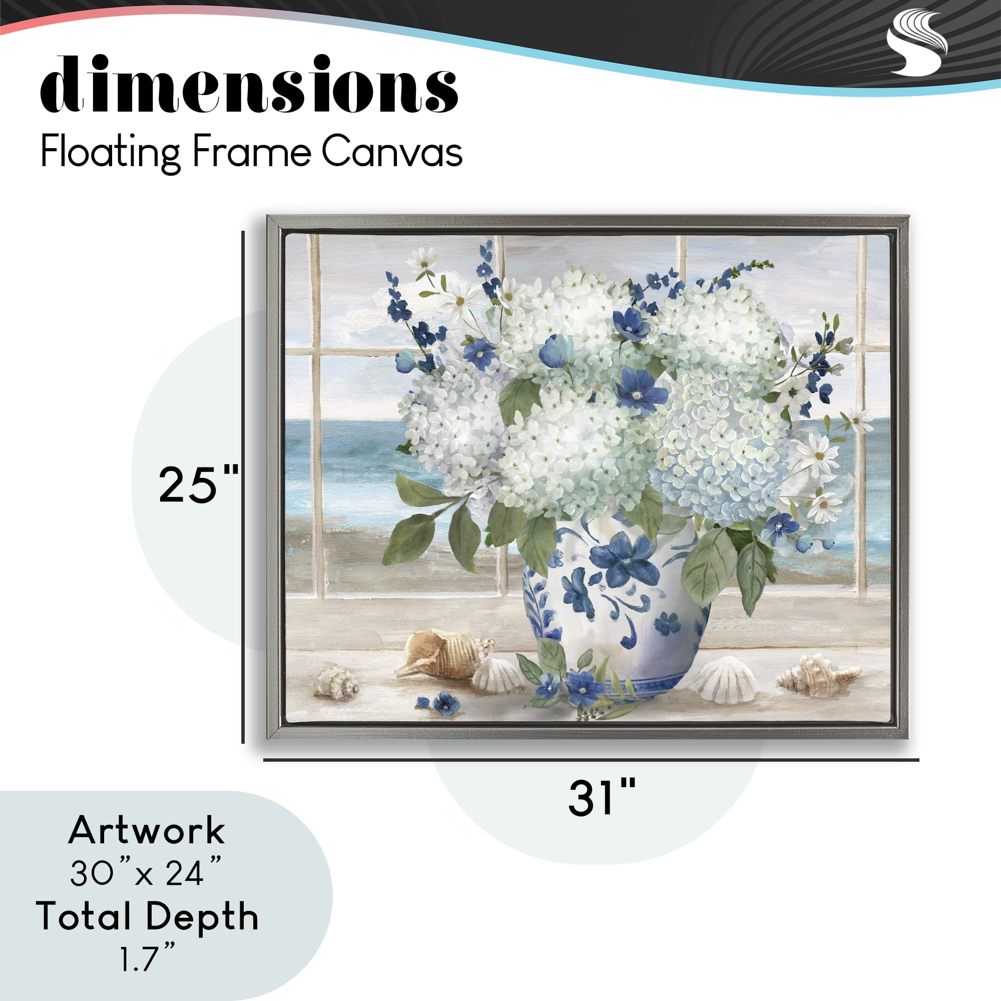 Stupell Industries Seaside Hydrangea Bouquet in Window Gray Framed Floater Canvas Wall Art, design by Nan