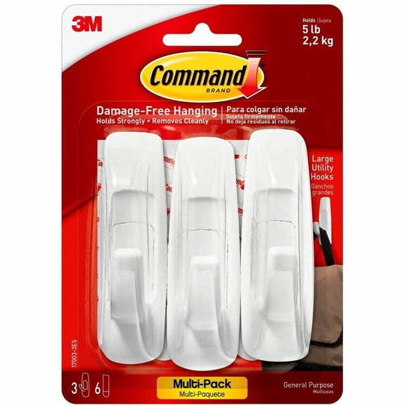 Command Large Utility Hooks, White, Damage Free Decorating, 3 Hooks and 6 Command Strips
