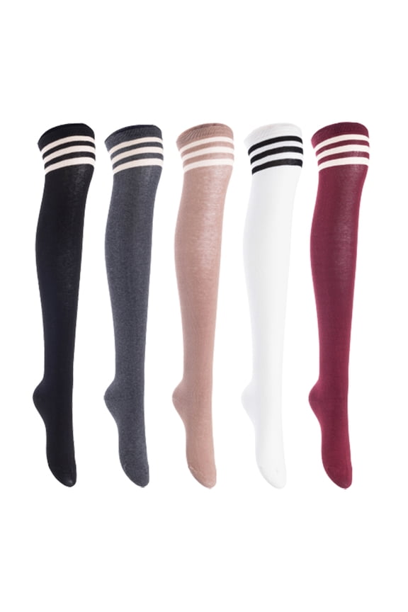 Women's 5 Pairs Adorable Comfortable Soft Thigh High Over Knee High Cotton Socks, Size 6-9, JMYP1022 (Black, DarkGrey, Khaki, White, Wine)