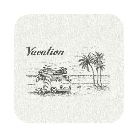 

Coaee Summer Vacation Scene With Camping Van Print Leather Coasters Set of 6 Non-Slip Washable Cup Coasters for Home Office Bar Square