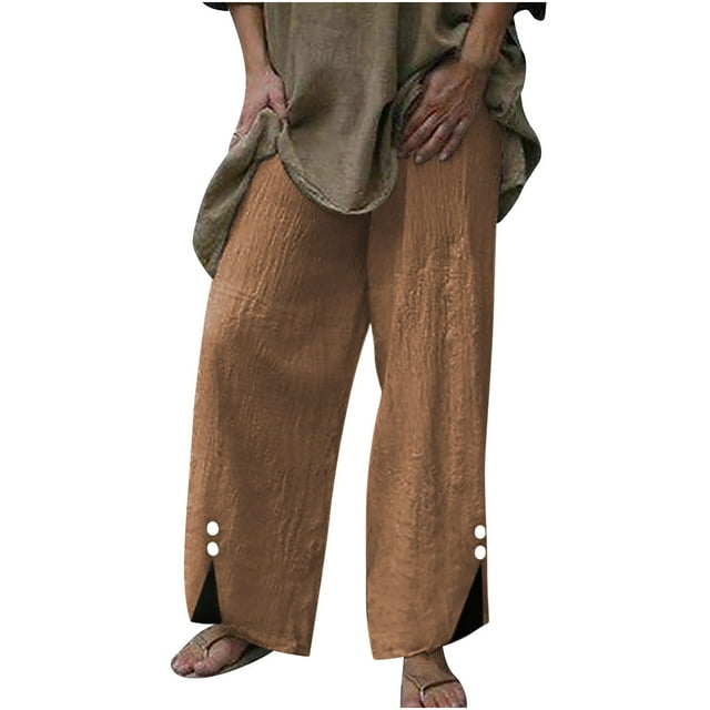 Diufon Wide Leg Pants for Women Button Down Cotton Linen Straight Pants Casual Solid Color Side Split Trousers