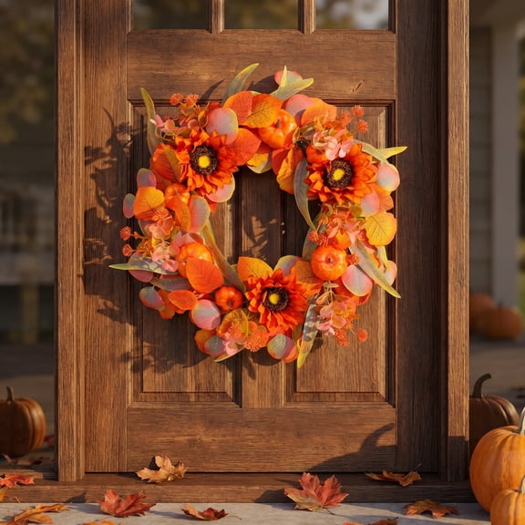Simulated Maple Leaf and Pumpkin Fall Wreath with Berries and Cones, Thanksgiving and Autumn Door Hanging Decoration for Front Door, Indoor and Outdoor Use, 24 Inch Decorative Ring