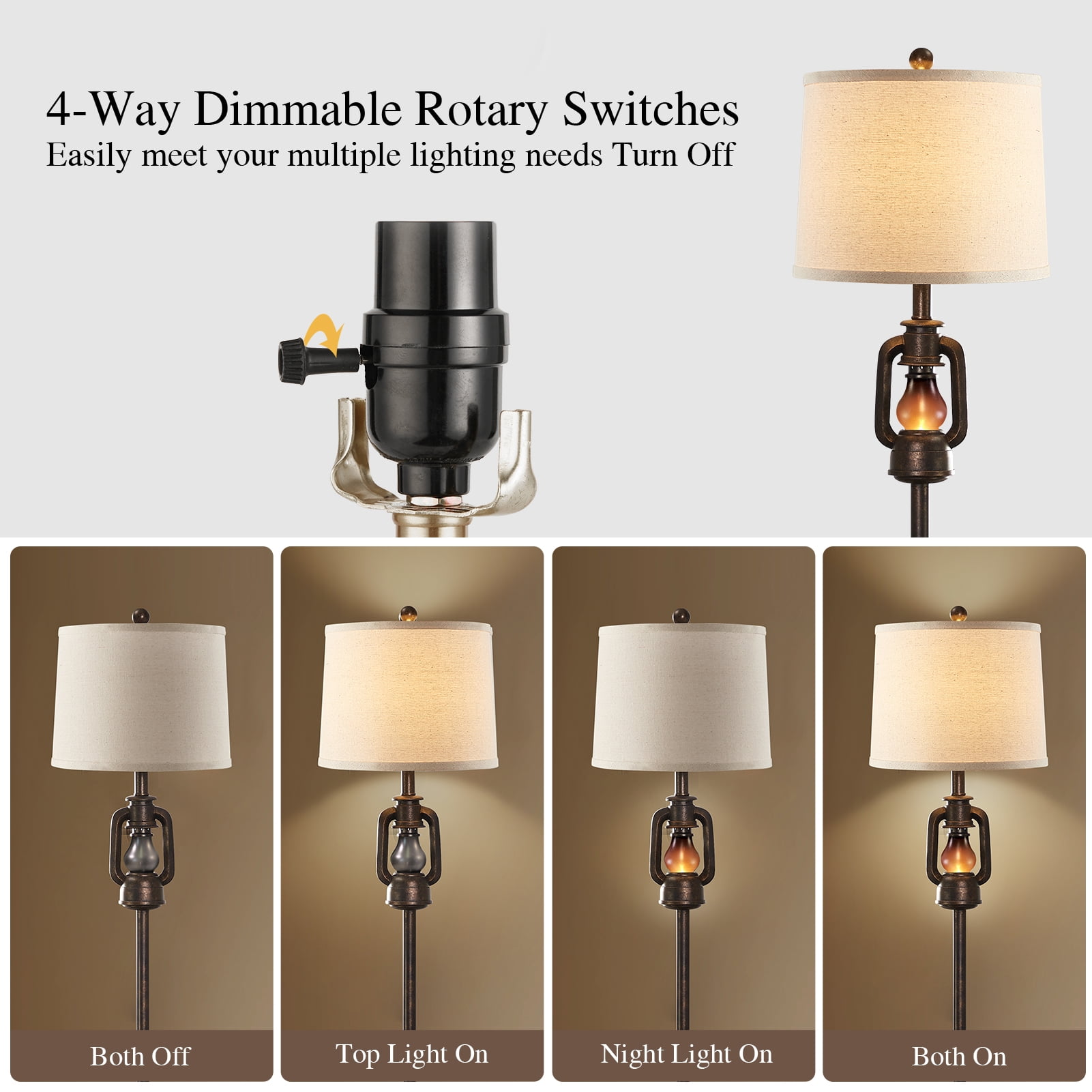 JUJUYUYOP 63" Linen Lampshade Vintage Country Farmhouse Style Floor Lamp with Lantern Night Light, Suitable for Living Room, Bedroom, and Office (Bulb Included)