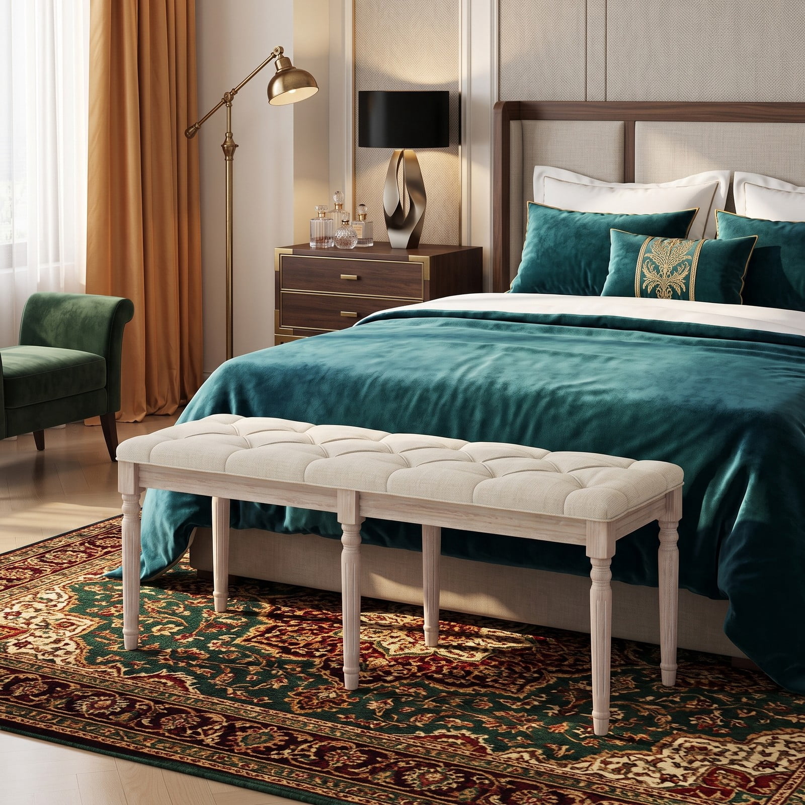 Furnibear 47.5 Inch Upholstered Bench with Button Tufted Padded Linen Seat and Carved Rubber Wood Legs for Bedroom, Beige