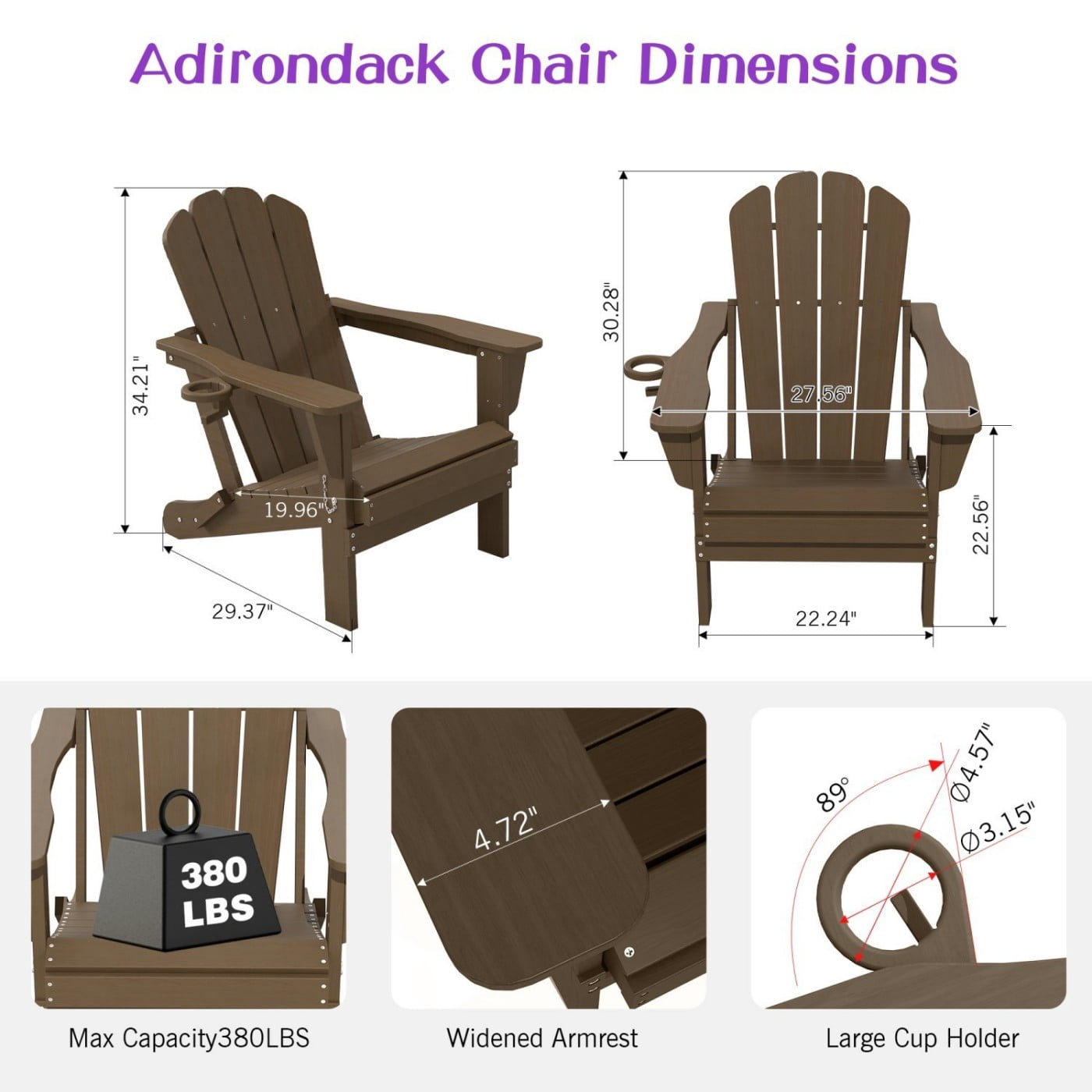 Adirondack Chairs Set of 2, Folding HDPE Outdoor Chairs with Cup Holders, Weather Resistant Patio Chairs with Wood Grain Finish for Lawn, Deck, Fire Pit, Brown