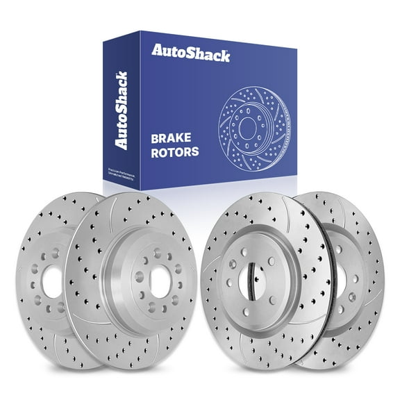 AutoShack Front Vented & Rear Solid Drilled & Slotted Silver Zinc Coated Brake Rotors 4-PC Set Replacement for 2011-2019 Ford Explorer 2010-2019 Ford Taurus 2009-2012 Lincoln MKS SilverShield Pro