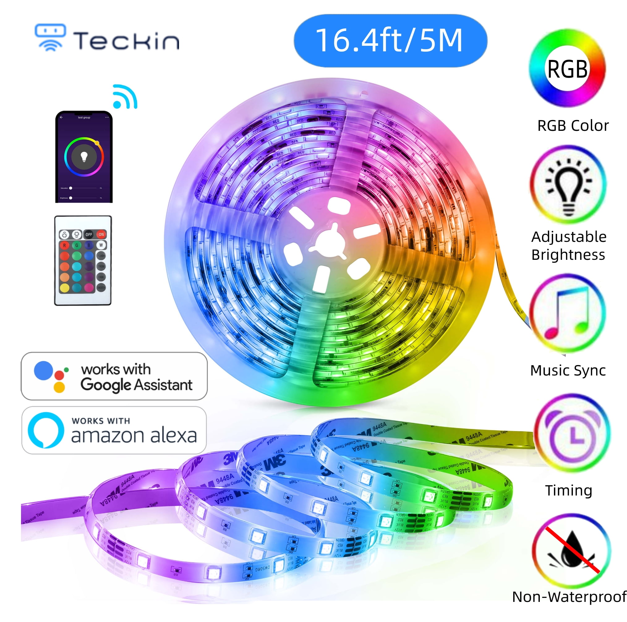 LED Strip Lights 16.4ft, Teckin WIFI APP Control  RGB LED Lights for Bedroom, Works with Google Assistant, 16 million colors, Music Sync, Home Decorations