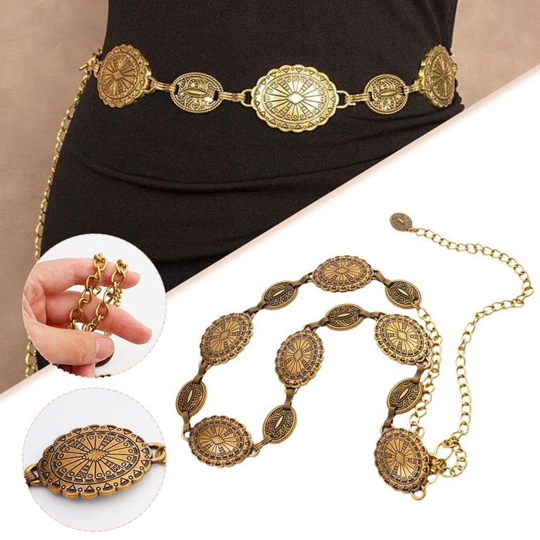 Women Western Concho Chain Belt Silver Metal Oval Waist  display picture 1