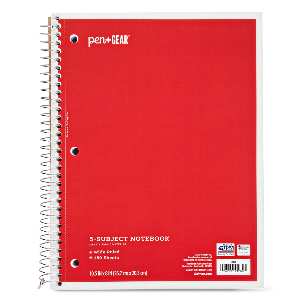 Pen + Gear 5Subject Spiral Notebook, Wide Ruled, Red, 180 Sheets