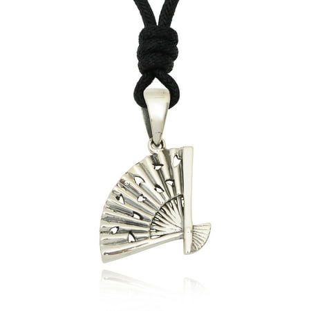 Sterling Blossom - Fan With Cherry Blossom Petals 92.5 Sterling Silver Charm Necklace Pendant Jewelry With Cotton Cord