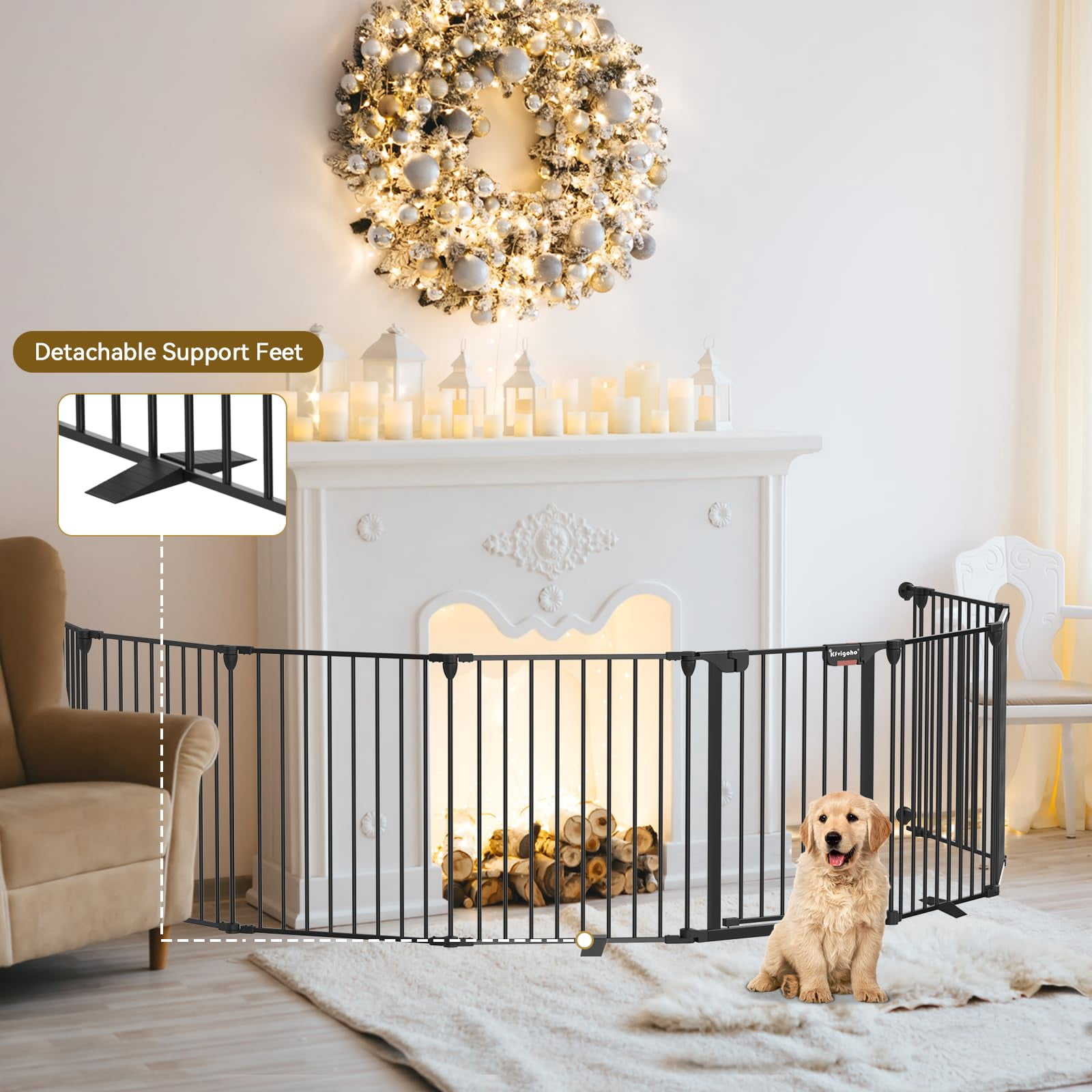 Kfvigoho Dog Gate 35"-199" Extra-Wide Gate for Stairs, Freestanding wire pet door, fireplace dual-locking system with automatic door closing feature, collapsible 6 steel panels (Black, 8 panels)
