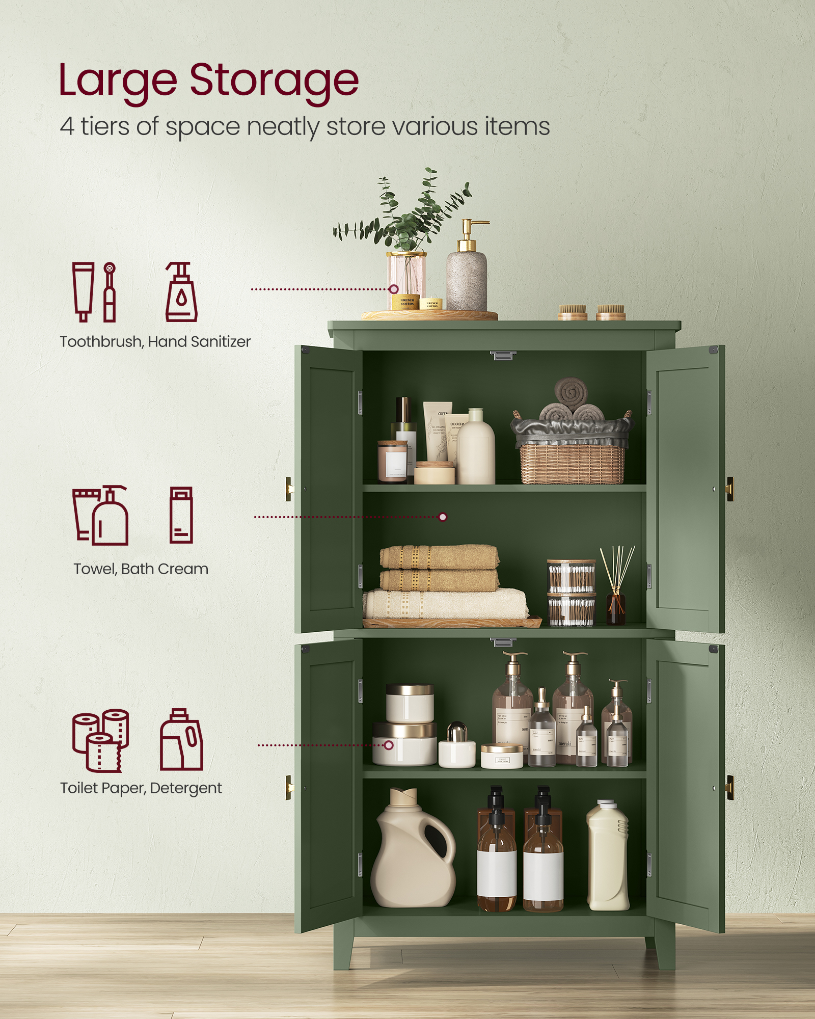 Floor Storage Cabinet,  Storage Unit, Freestanding Cabinet with 4 Doors, 11.8 x 23.6 x 43.3 Inches, Forest Green