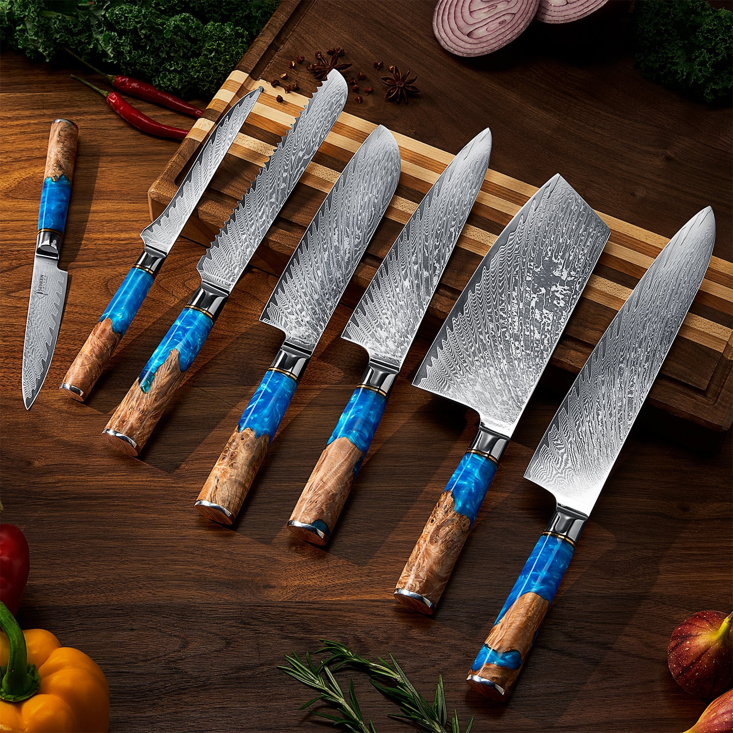 7-Piece Damascus Steel Kitchen Knife Set - Tsunami Collection - 67-Layer Japanese VG10 Steel - Chef's Knife, Cleaver Knife, Bread Knife, & More…