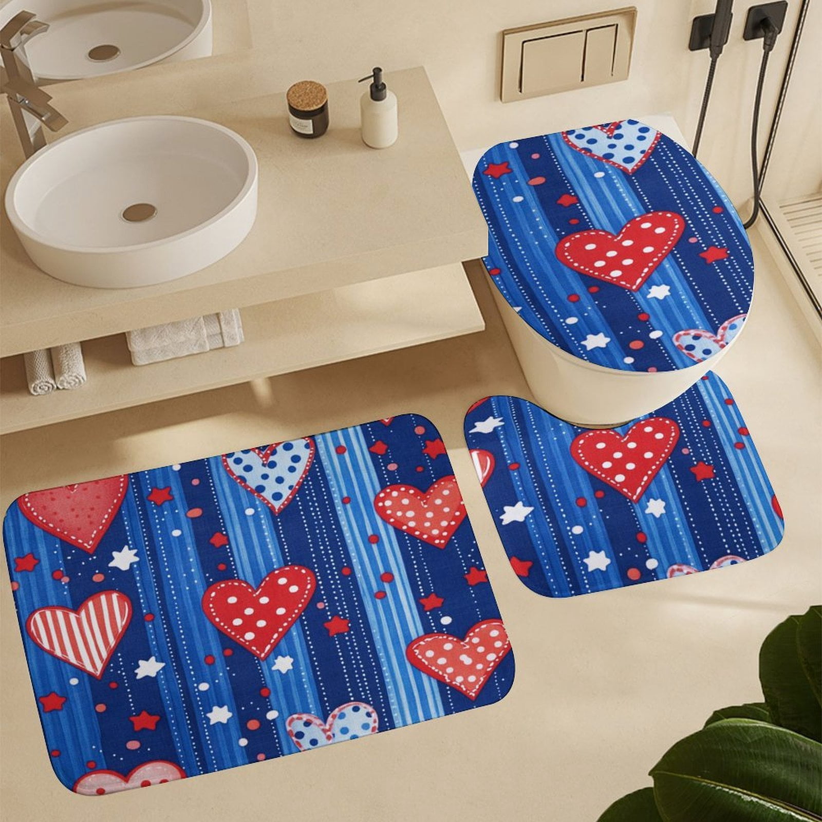 USA Hearts & Stars 4 Pcs Shower Curtain Set Shower Curtain And Rugs Shower Curtain Set Independence Labor Day Waterproof Fabric Bath Curtain for Bathroom Decor Set