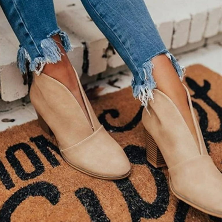 Vedolay Boots For Women Womens Pointed Toe Stacked Mid Heel Ankle Boots V Cut Back Zipper Leather Booties Khaki US 6.5 9