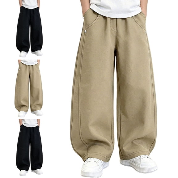Crunowin Boys Casual Wide Leg Pants, Cotton Loose Sporty Lightweight Kids Everyday Trousers Khaki 9-10 T