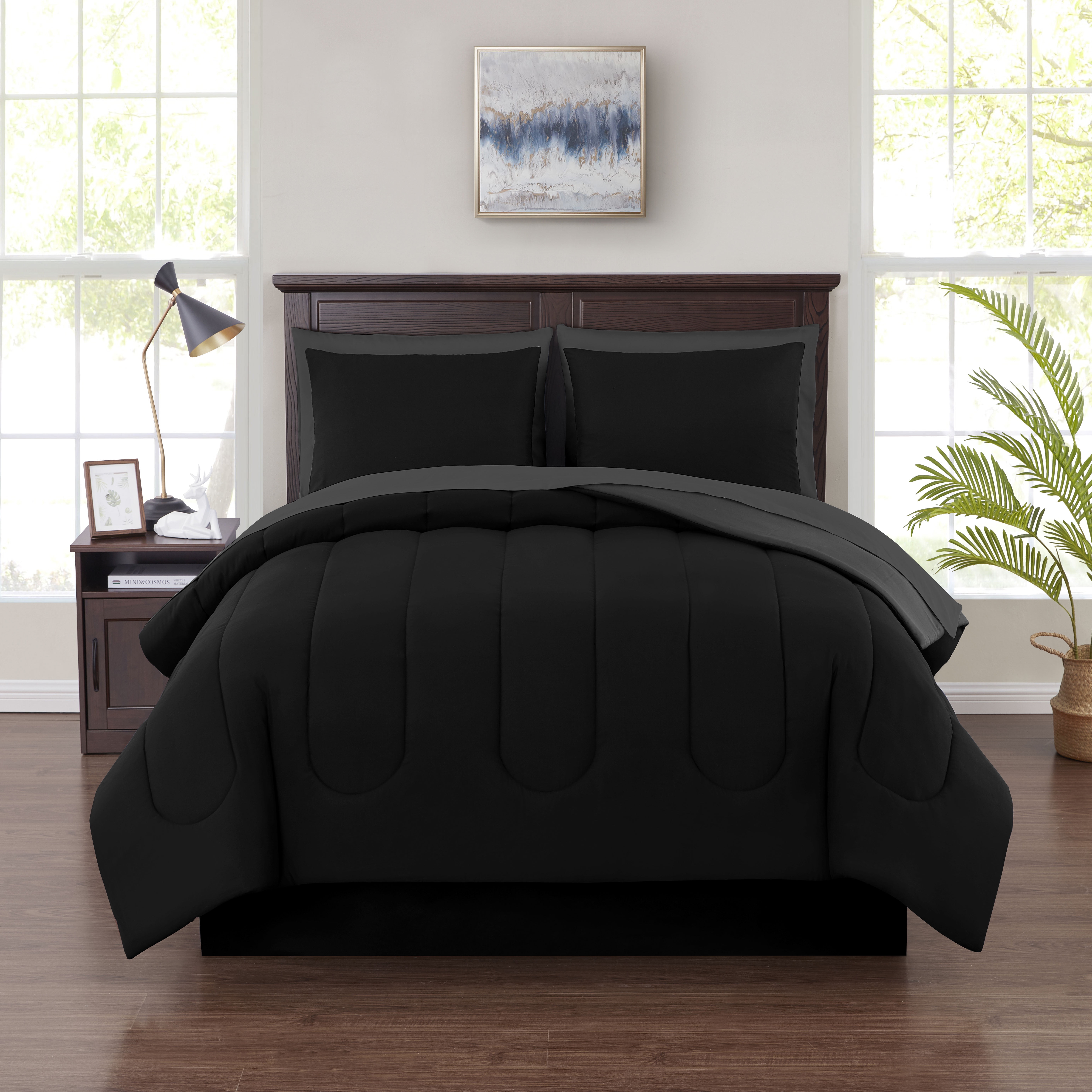 Bed in a Bag Full Size Comforter Set Black Bedding Sheets Pillowcases Shams 8 Pc 