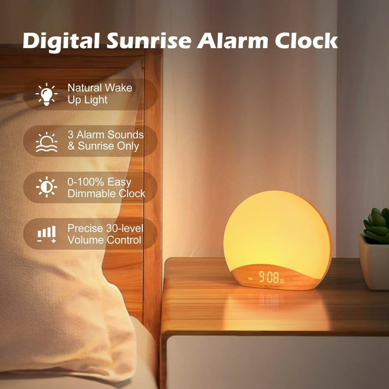 Reacher Wood Grain Sunrise Alarm Clock Wake up Light, Sleep Sound Mahine  with 26 Soothing Sounds, 8 Dimmable Night Lights, Snooze, Dimmable Clock  for Kids, Adults, Bedroom 