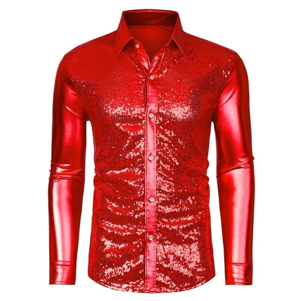 Camisa de lentejuelas brillantes para hombre ajustada de manga larga con botones para fiesta disco rojo M Lars Amadeus
