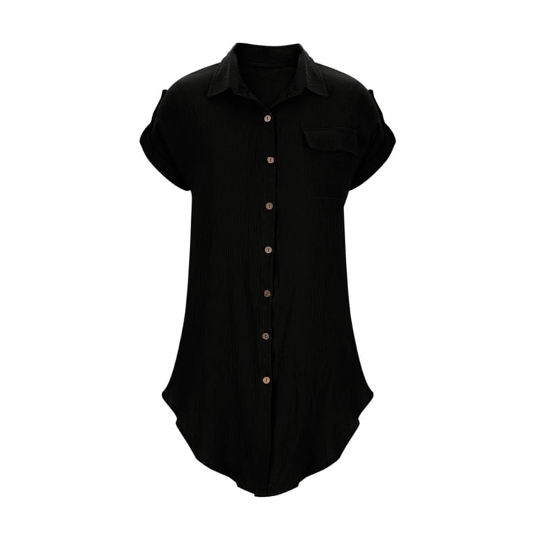 Ndbuld Summer Dress for Womens Button Down Shirt Dresses with Pockets Cotton Button Up Tunics Short Sleeve Solid High Low Blouse Tops Black XXL