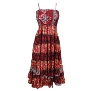 Mogul Womens Speghatti Dress Vintage Patchwork Red Printed Smocked Bodice Summer Dresses