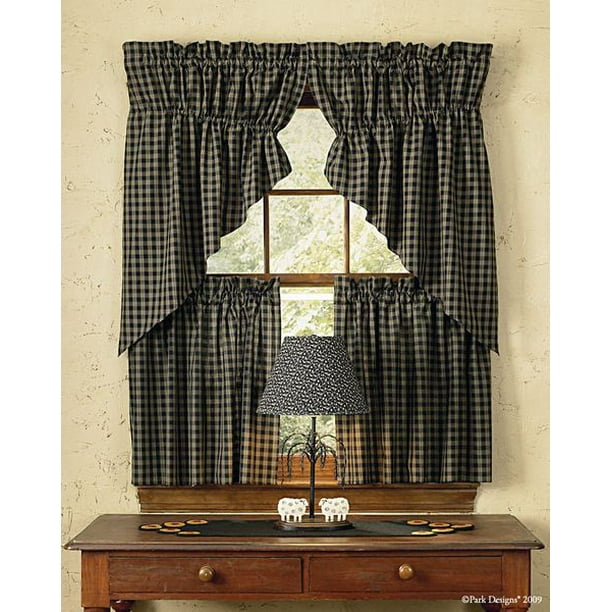 Plaid Gathered Swag Prairie Curtain Set 36" or 63" Long Wine Black Navy