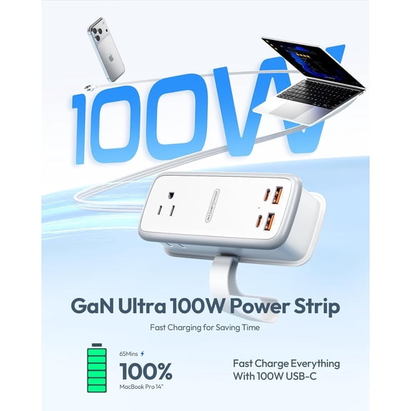 100W  Ultra Travel Power Strip, 7-in-1 USB C Charging Station with 3 Outlets 4 USB (2 Fast Charge) & 5ft Extension Cord, Compact Desktop Charger for MacBook, iPhone, Cruise, Office, White