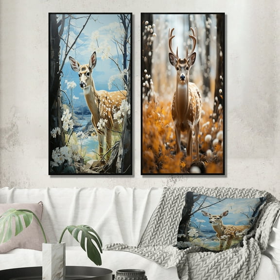 Designart "Deer beautyful Fawn Pastoral I" Deer Framed Wall Art Set Of 2 - Brown Animals Frame Gallery Set For Office Decor
