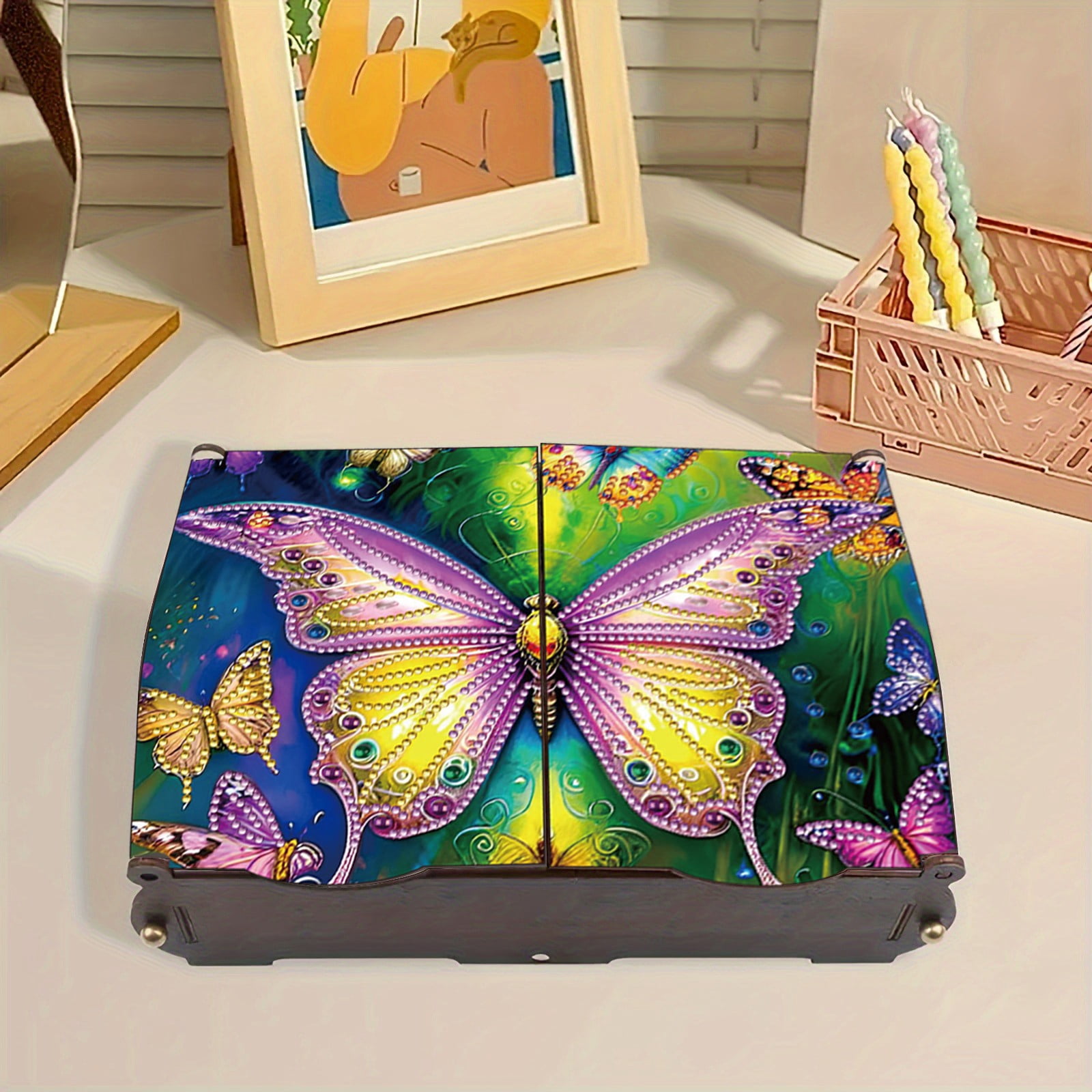 FLOPESN DIY Diamond Art Painting Jewelry Box,Creative Design Wooden Lid Rectangular Storage Case for Home Decor-Butterfly-1