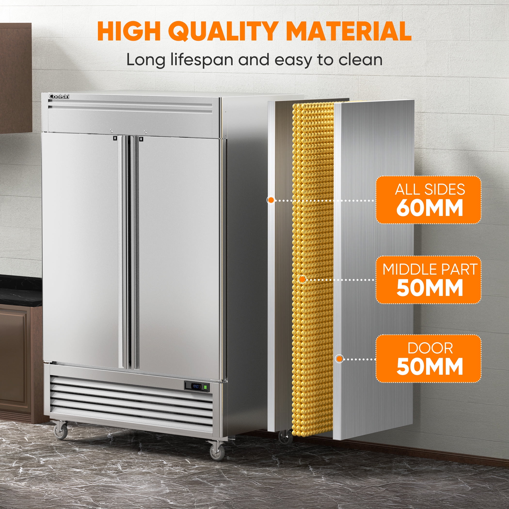 Coolski 49 Cu.ft Commercial Refrigerator, 2-Door Stainless Steel Reach-In Fridge