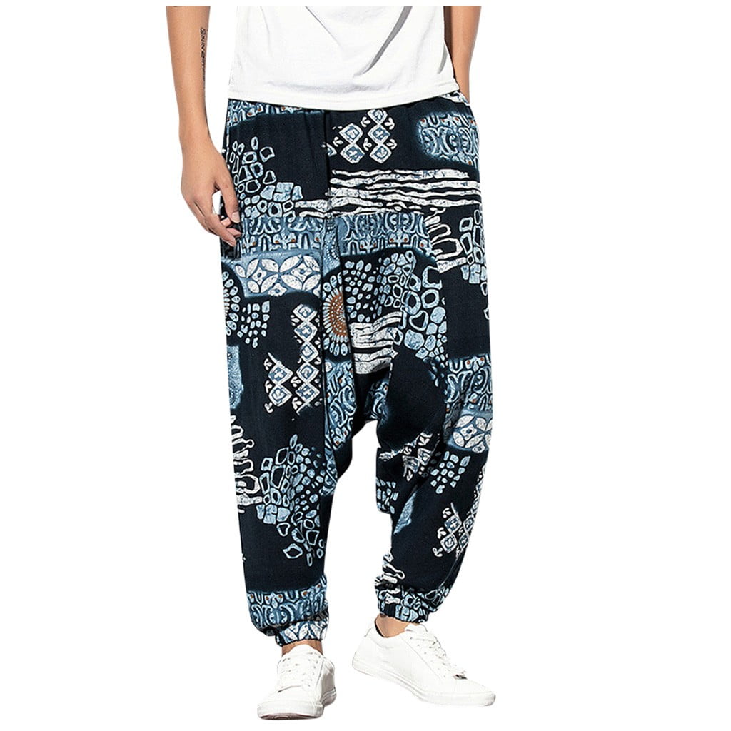 Men Cotton Linen Harem Pants Vintage Ethnic Print Elastic Waist Hippie