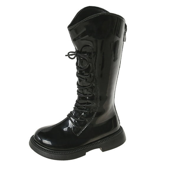 Gubotare Black Combat Boots for Girls Girls Lace Up Riding Boots Mid Calf Combat Boots Leather Side Zipper Boot Sole Boot Size 3 (Black,Big Kids 3)