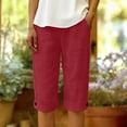 thumbnail image 2 of Bermuda Shorts for Women Knee Length Cotton Linen Elastic Waist Drawstring Shorts Summer Capris Pants with Pockets Red M, 2 of 8