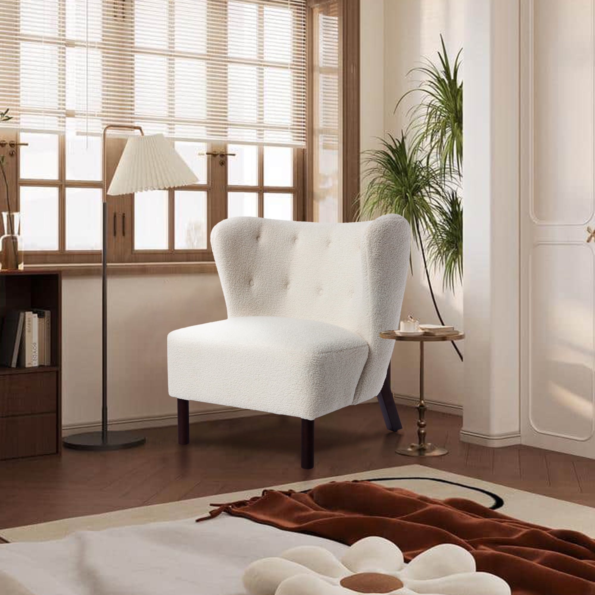 Miniyam Sherpa Boucle Accent Chair with Wooden Legs,Round Upholstered Armless Chair for Small Spaces,Reading Chair,White