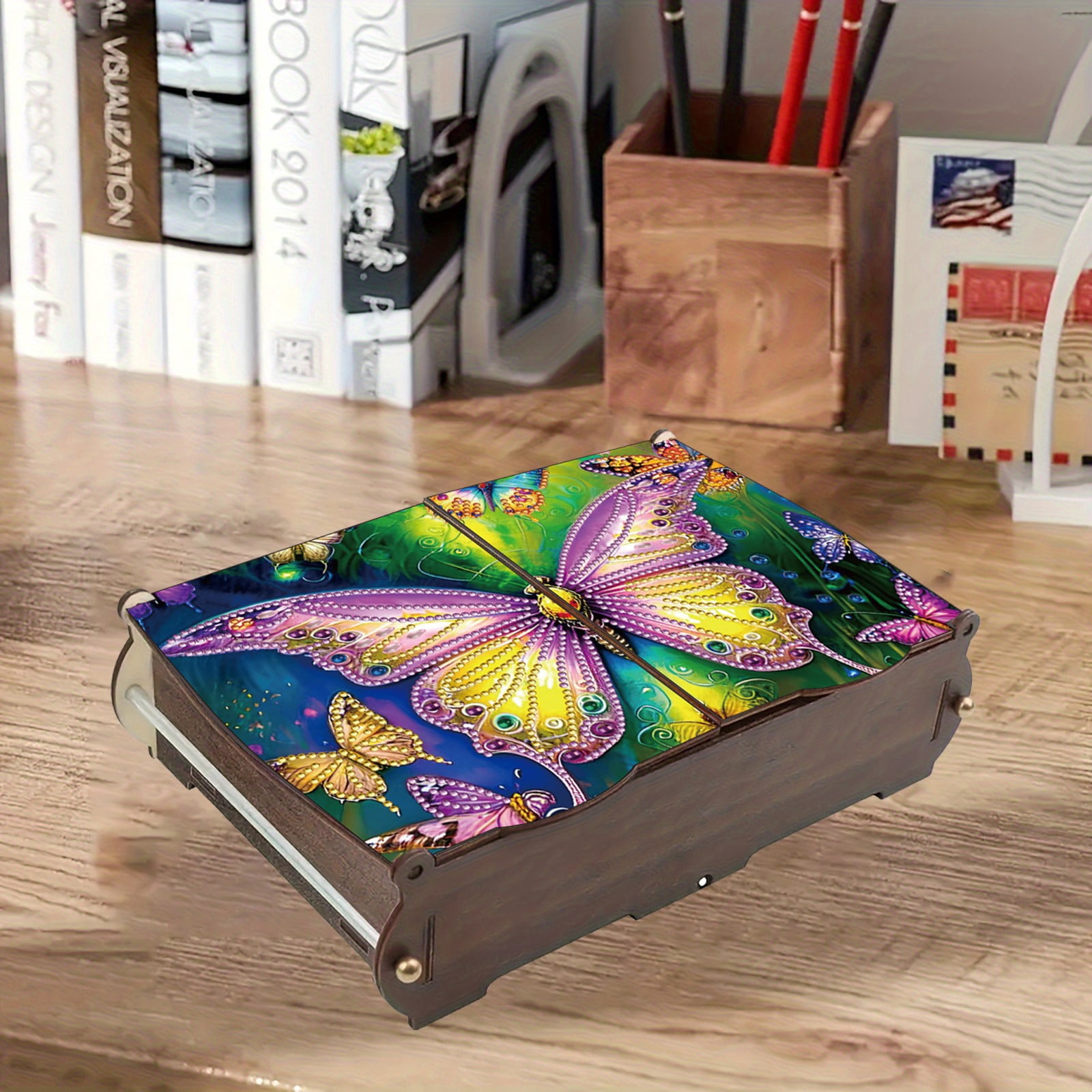 FLOPESN DIY Diamond Art Painting Jewelry Box,Creative Design Wooden Lid Rectangular Storage Case for Home Decor-Butterfly-1