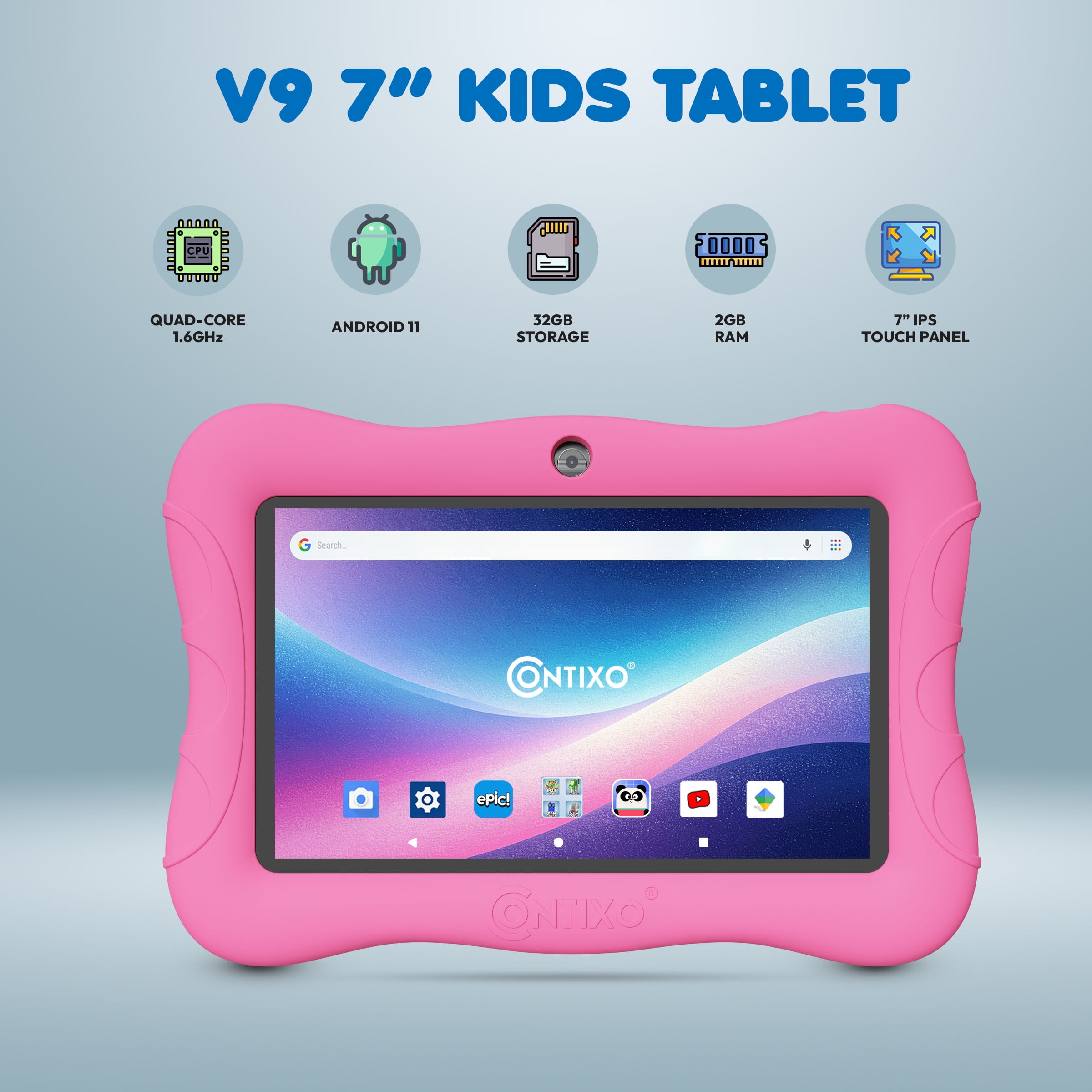Contixo 7-Inch Kids Tablets Bundle, Educational Android Tablet with Headphones and Carrying Sleeve, Pink