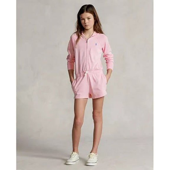 Polo Ralph Lauren CARAMEL PINK Toddler Girls Spa Terry Long-Sleeve Hooded Romper, 4/4T