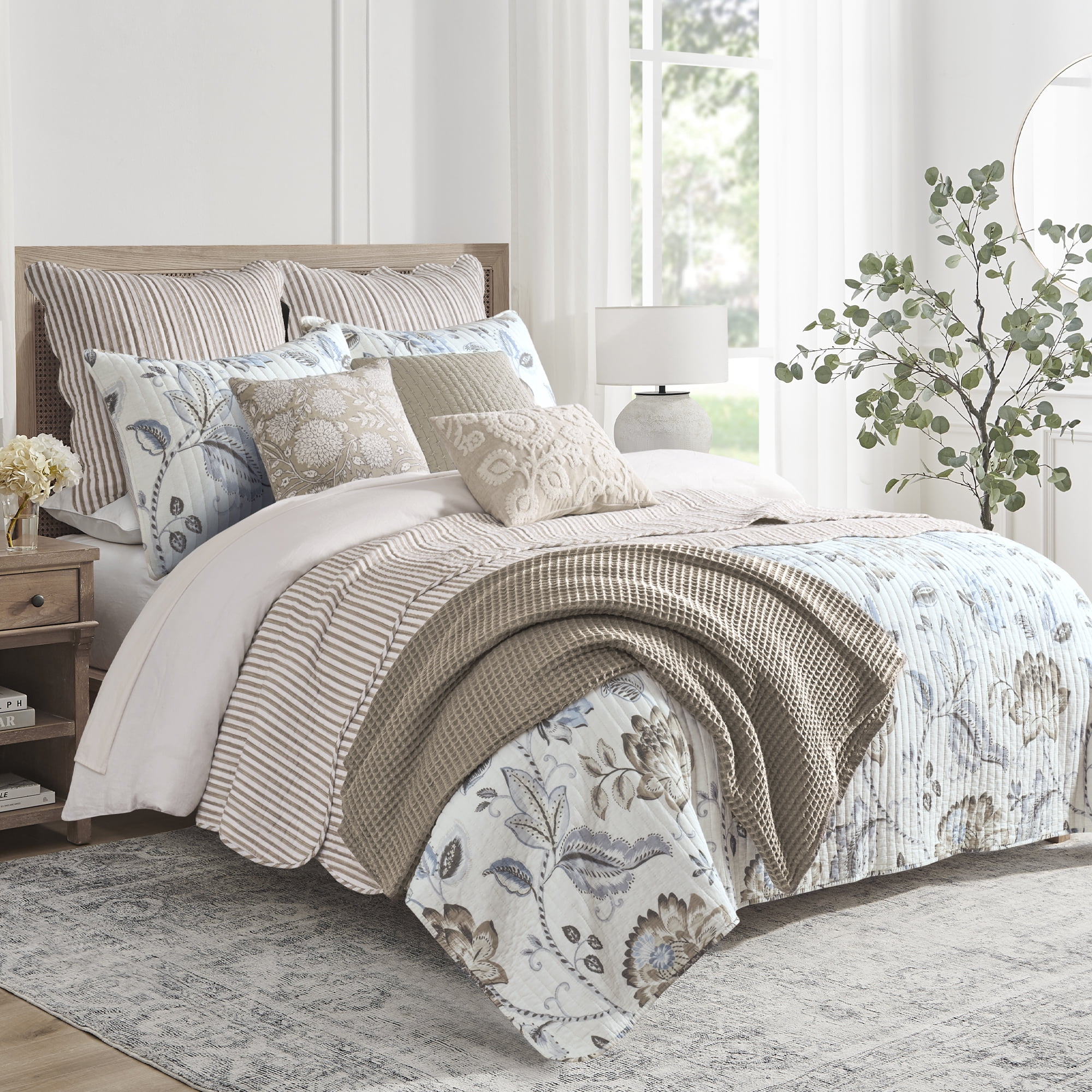 Levtex Home - Maileen Neutral Blue Quilt Set - King Quilt and Two King Shams - Floral - Taupe Blue and Cream - Quilt (106x92in.) and Shams (20x36in.) - Reversible - Cotton