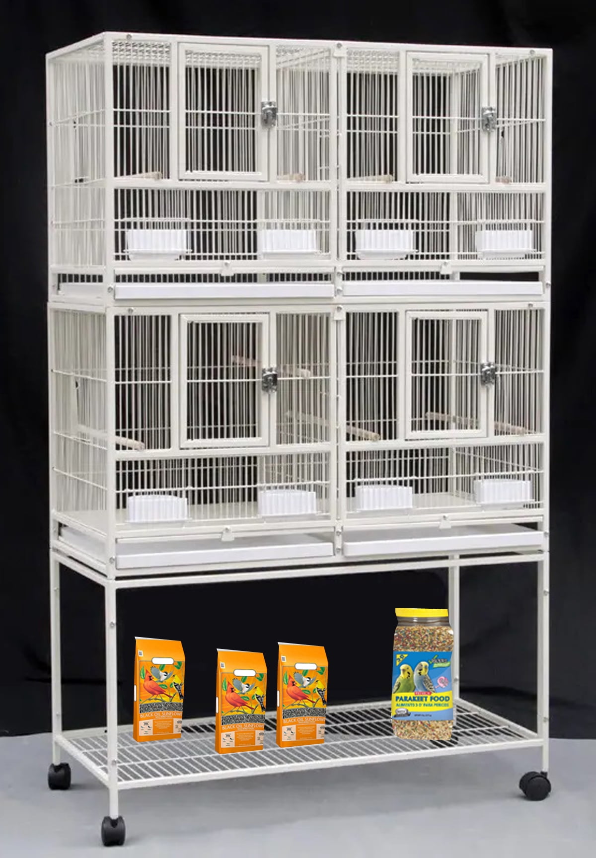 White Deluxe Double Story Stackable Center Divided Breeder Breeding Bird Flight Rolling Cage With Side Breeding Nest Doors for Aviaries Canaries Cockatiels Lovebirds Finches Budgies Small Parrots