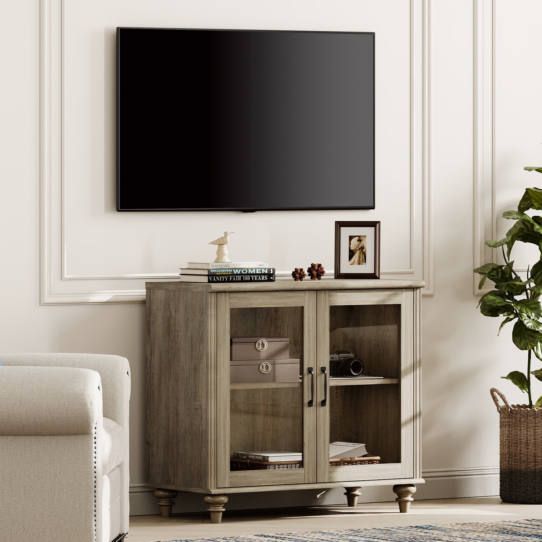 Farmhouse  43 inch TV Stand 43 inch, Entertainment Center for Living Room or Bedroom, Wash Gray