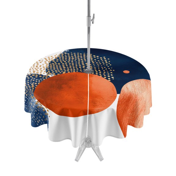 Outdoor Table Cloth with Umbrella Hole and Zipper, Navy Blue Burnt Orange Waterproof Round Tablecloth 54 Inch, Middle Century Modern Geometric Washable Table Cover for Outside Party Patio Picnic