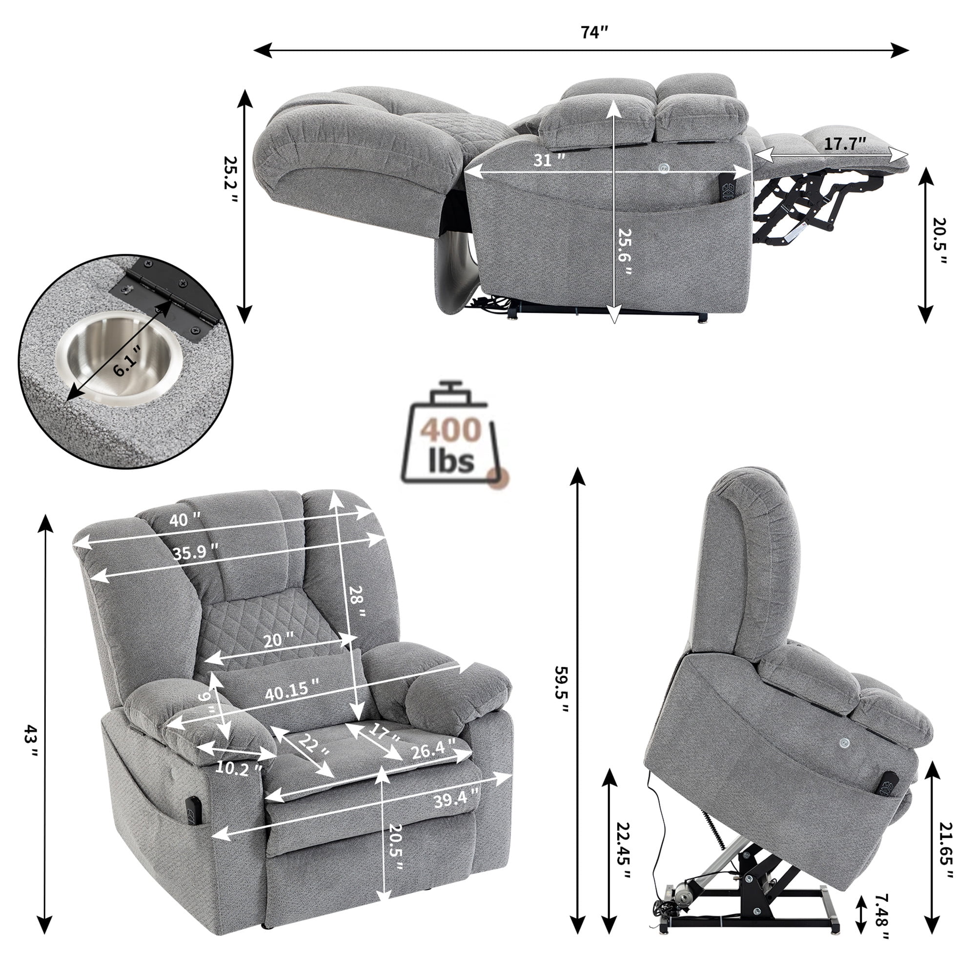 LITVZ Air Compression Waist Massage Recliner for Elderly, Big Man Recliner 400 lbs Heavy Duty, Oversized Power Lift Recliner Chair with Airbag Massage & Heating, Lay Flat 180° for Family