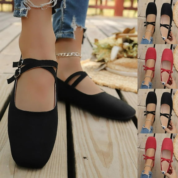 Miluxas Mary Jane Shoes for Women Buckle Strap Ballet Flats Comfortable Dress Shoes Red 9.5(43)