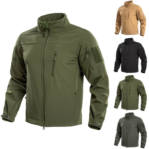 Men's Fleece Lined Cargo Workwear Softshell Jacket with Zipper Pocket Lightweight Outdoor Windbreaker Zip Up Winter Rain Coat Hiking Size 3XL Khaki
