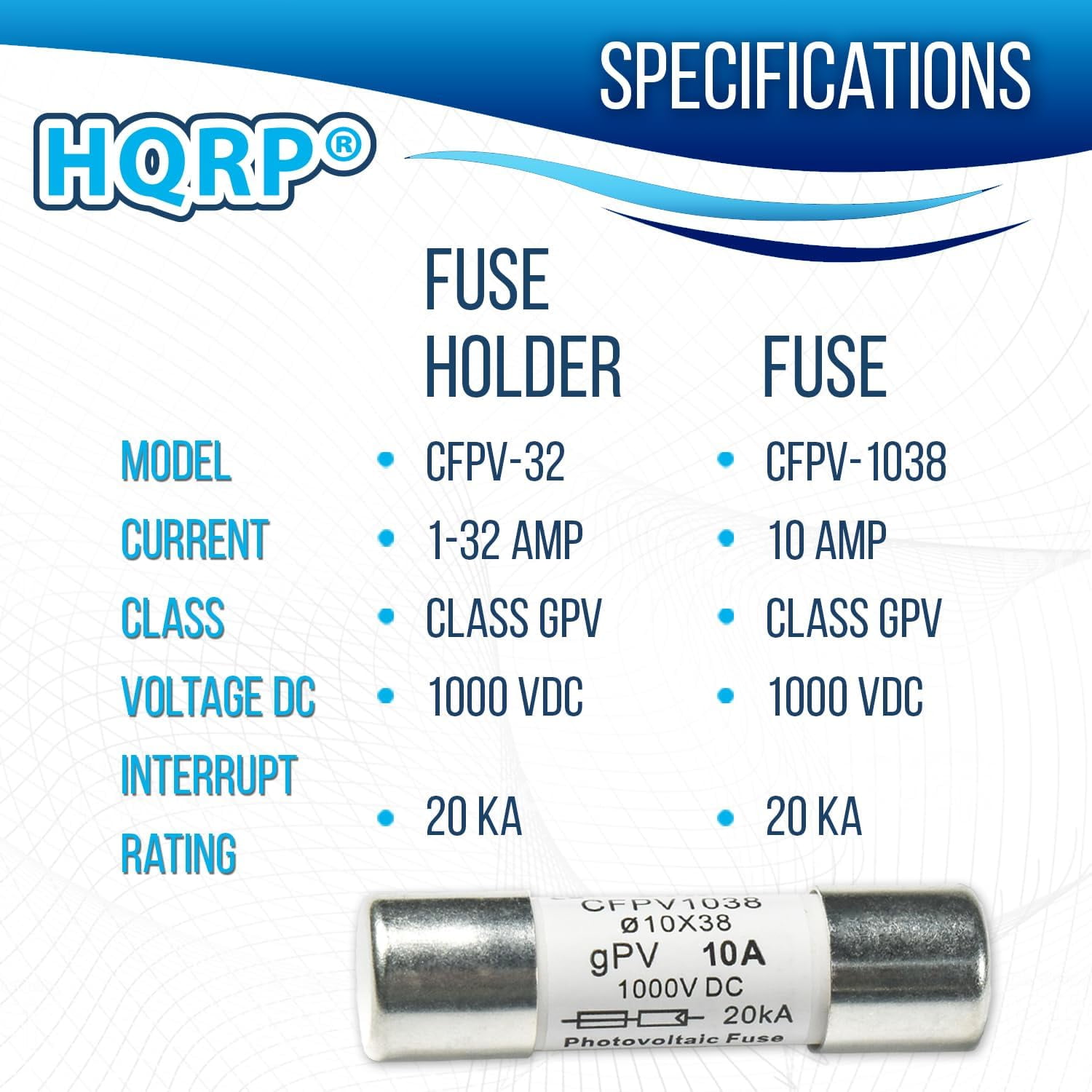 HQRP Combo: 5-Pack Solar PV CFPV-32 DIN Rail Fuse Holder, 1-32Amp, 1000VDC and 8-Pack Photovoltaic Fast Acting Fuse Links CFPV-1038, gPV Type, 10 Amp 1000V DC, 10x38mm, 20kA IR, Solar PV Ceramic Fuses