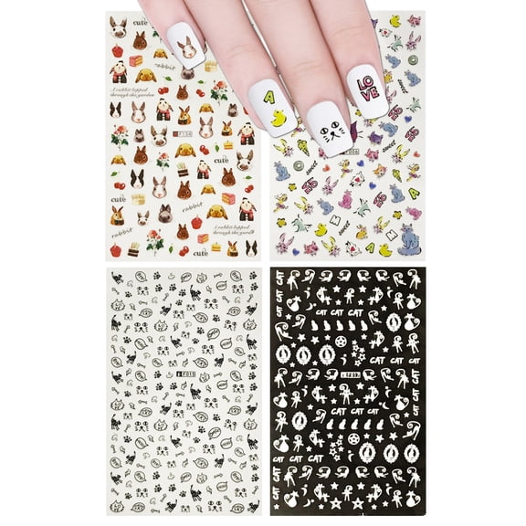 ALLYDREW 4 Sheets Nail Stickers Nail Art Set - Bunnies & Cats Nail Stickers